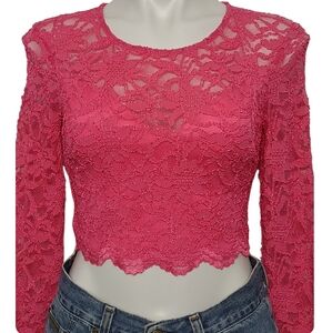 Pink Lace Long-Sleeve Crop Top B Darlin Size 7/8 Barbie FairyCore Y2K